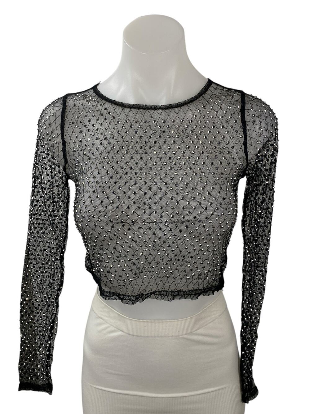 Top Chic Black Rhinestone Mesh Sheer Sparkly Long Sleeve Blouse Crop Top Size S